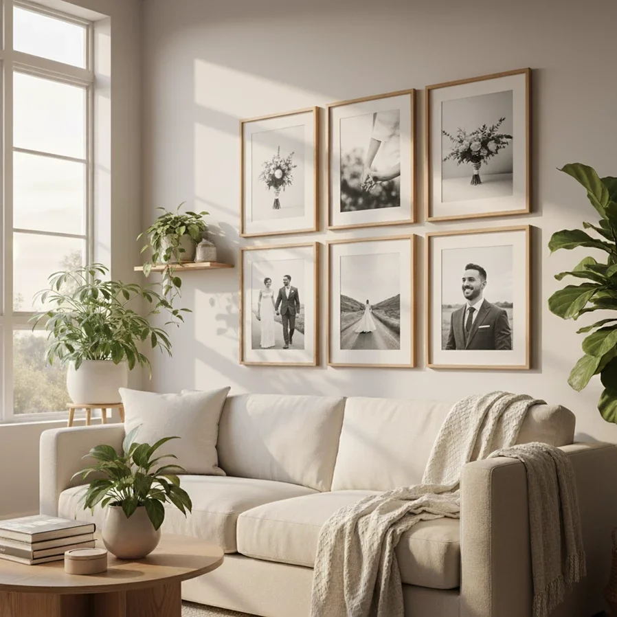 wedding photo grid over cozy cream sofa in sunlight