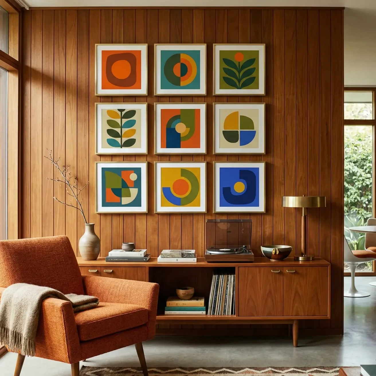 Mid-century living room with colorful framed art grid on wood wall