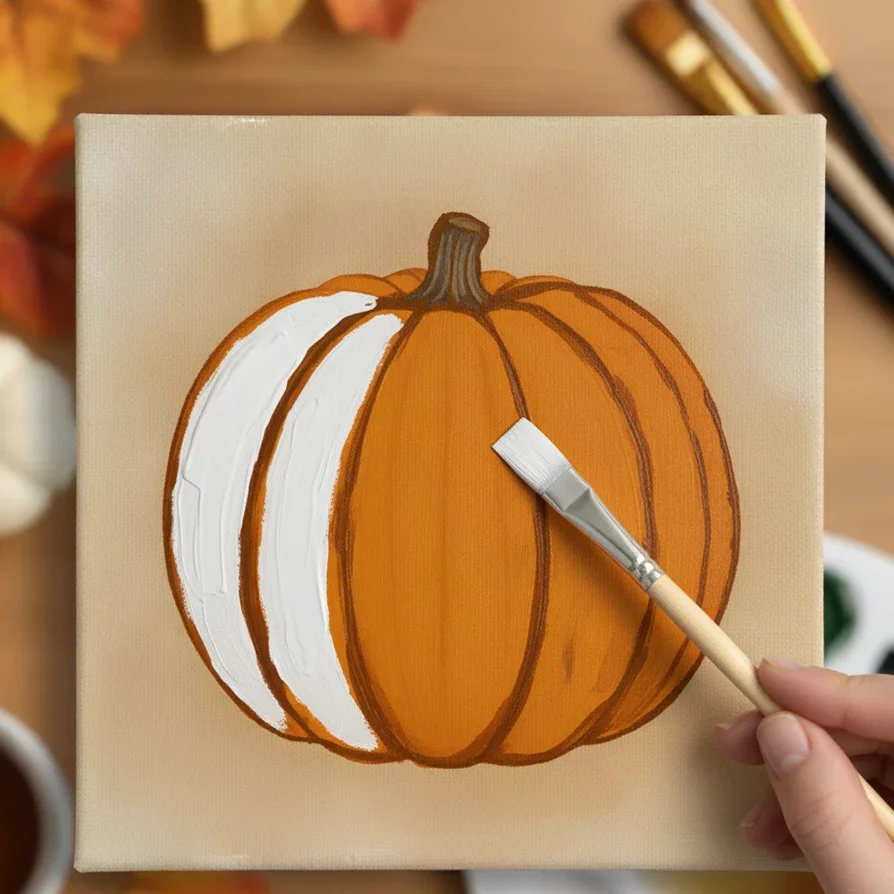 brush lays white highlights on pumpkin ridges