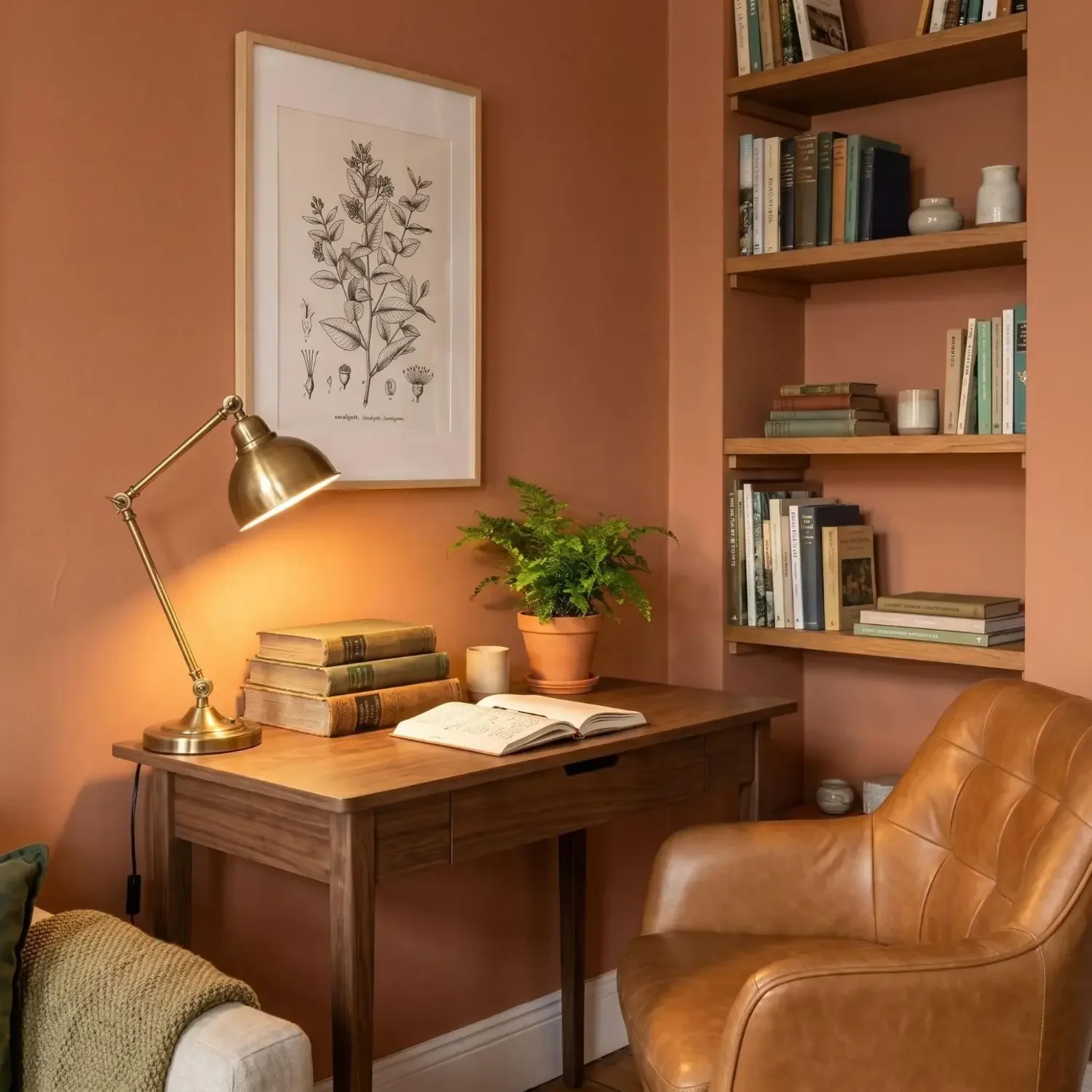 Reading nook with vintage eucalyptus botanical wall art