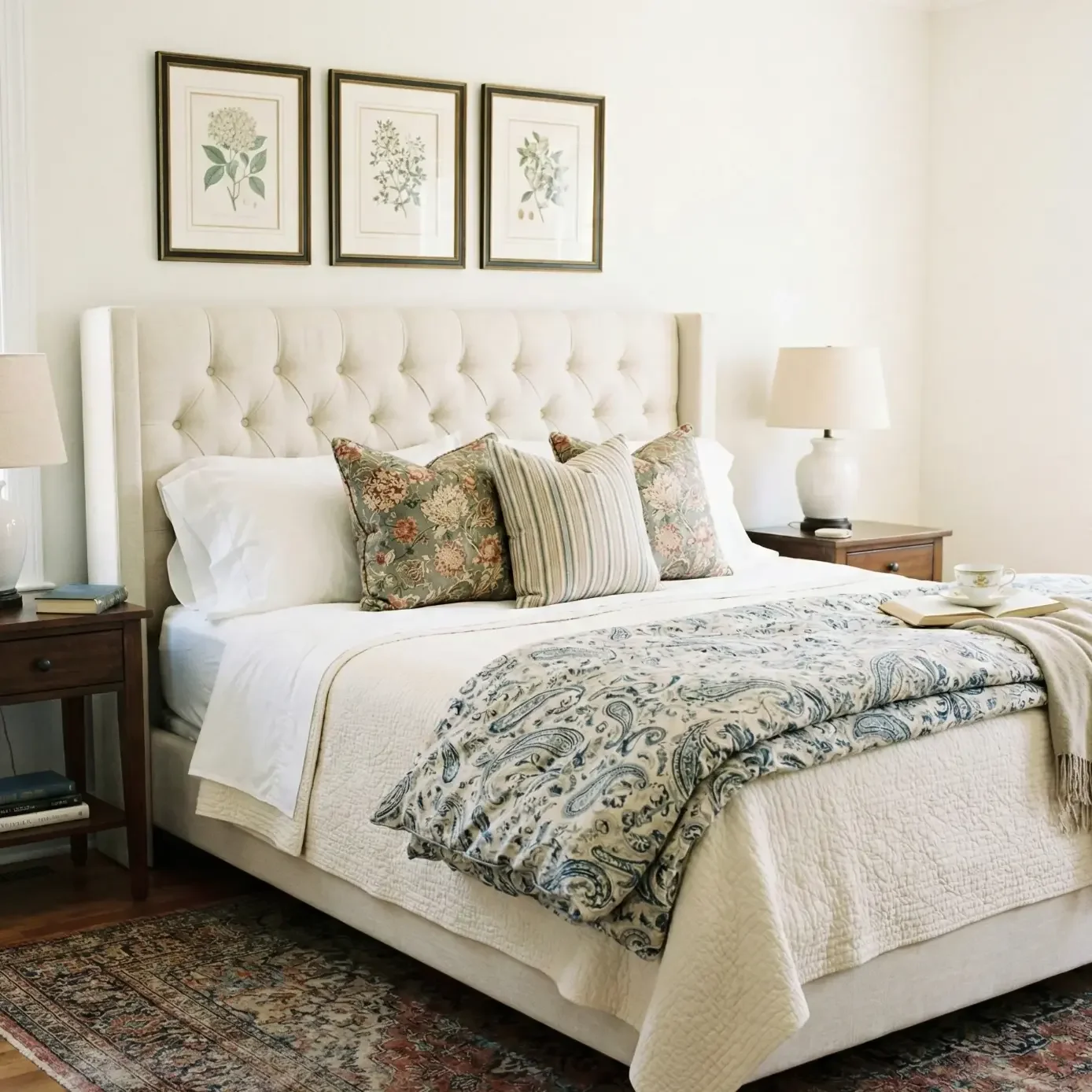 Bright bedroom with tufted headboard and botanical prints