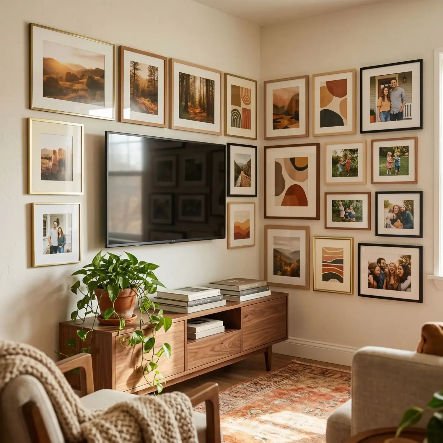  L-shaped framed photos flanking TV in living room