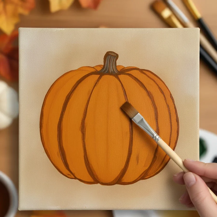 brush deepens grooves on pumpkin with brown strokes