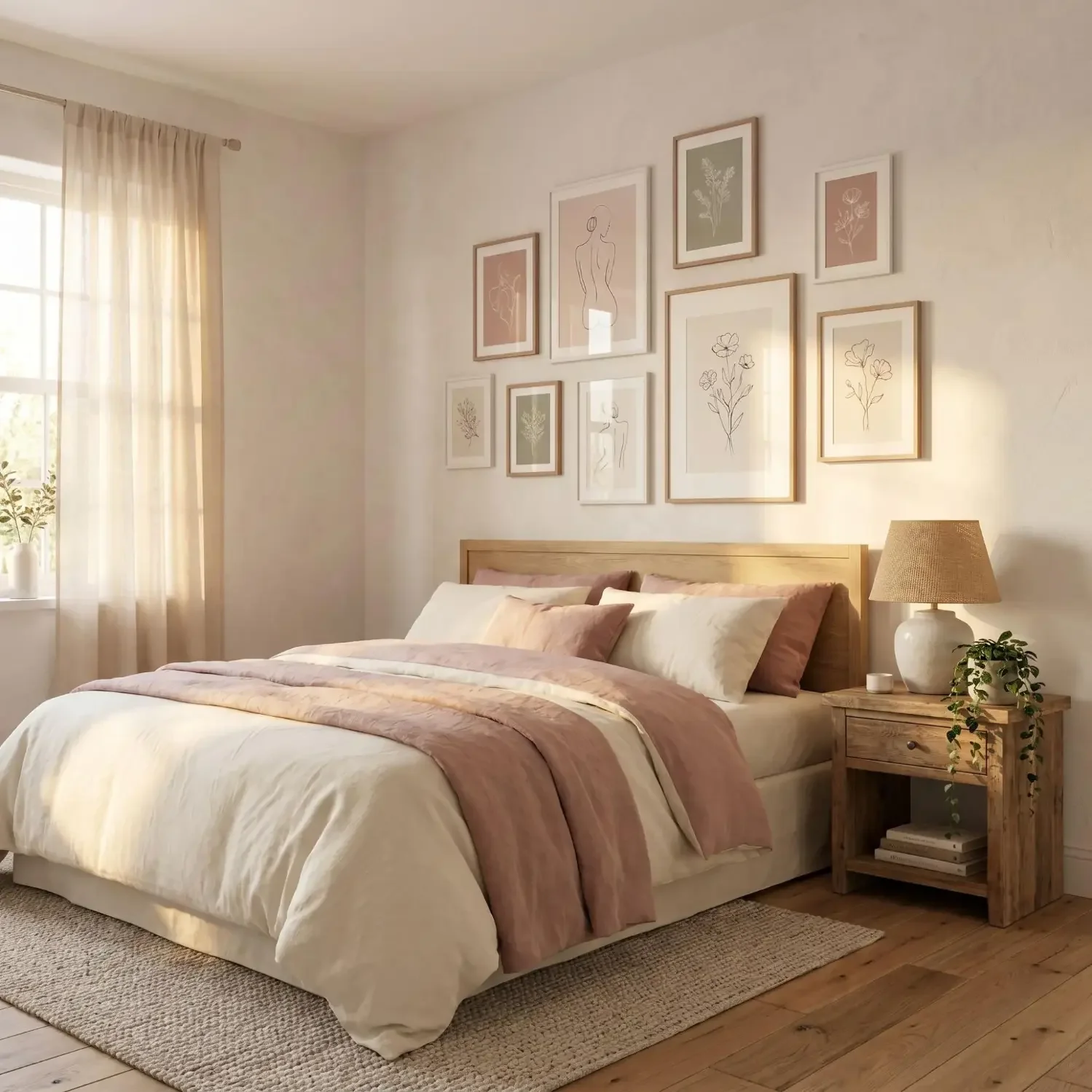 Bedroom wall with botanical line art framed pictures