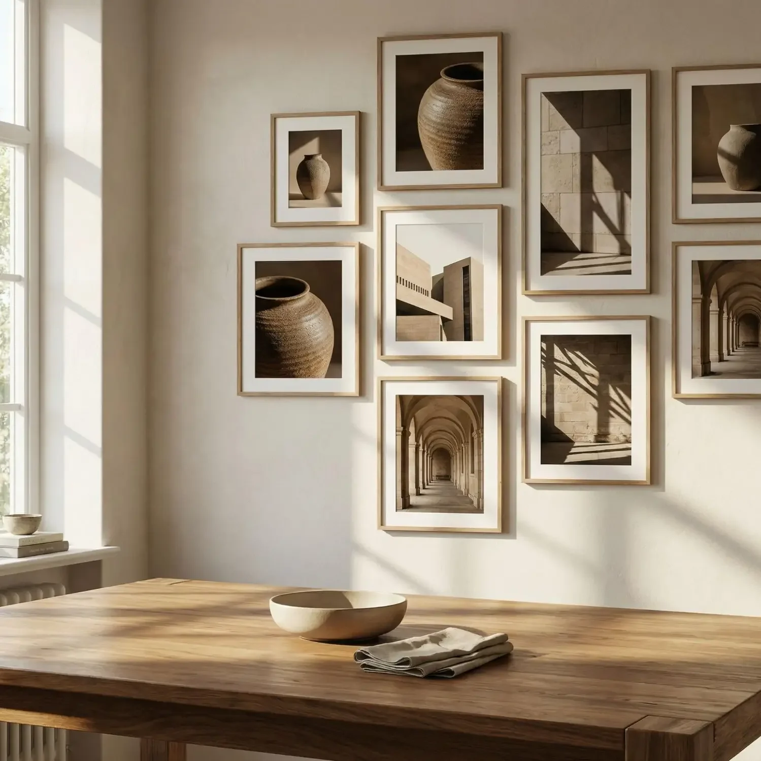 Still life and architectural framed photos on dining wall