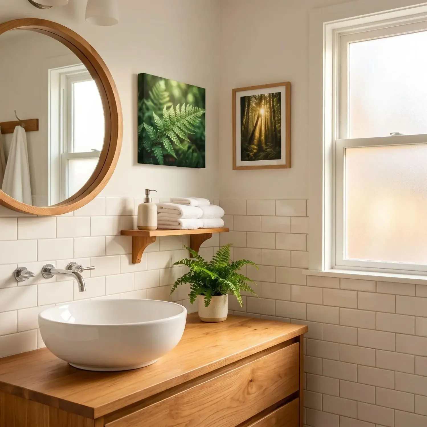 Fern botanical canvas print in bright bathroom