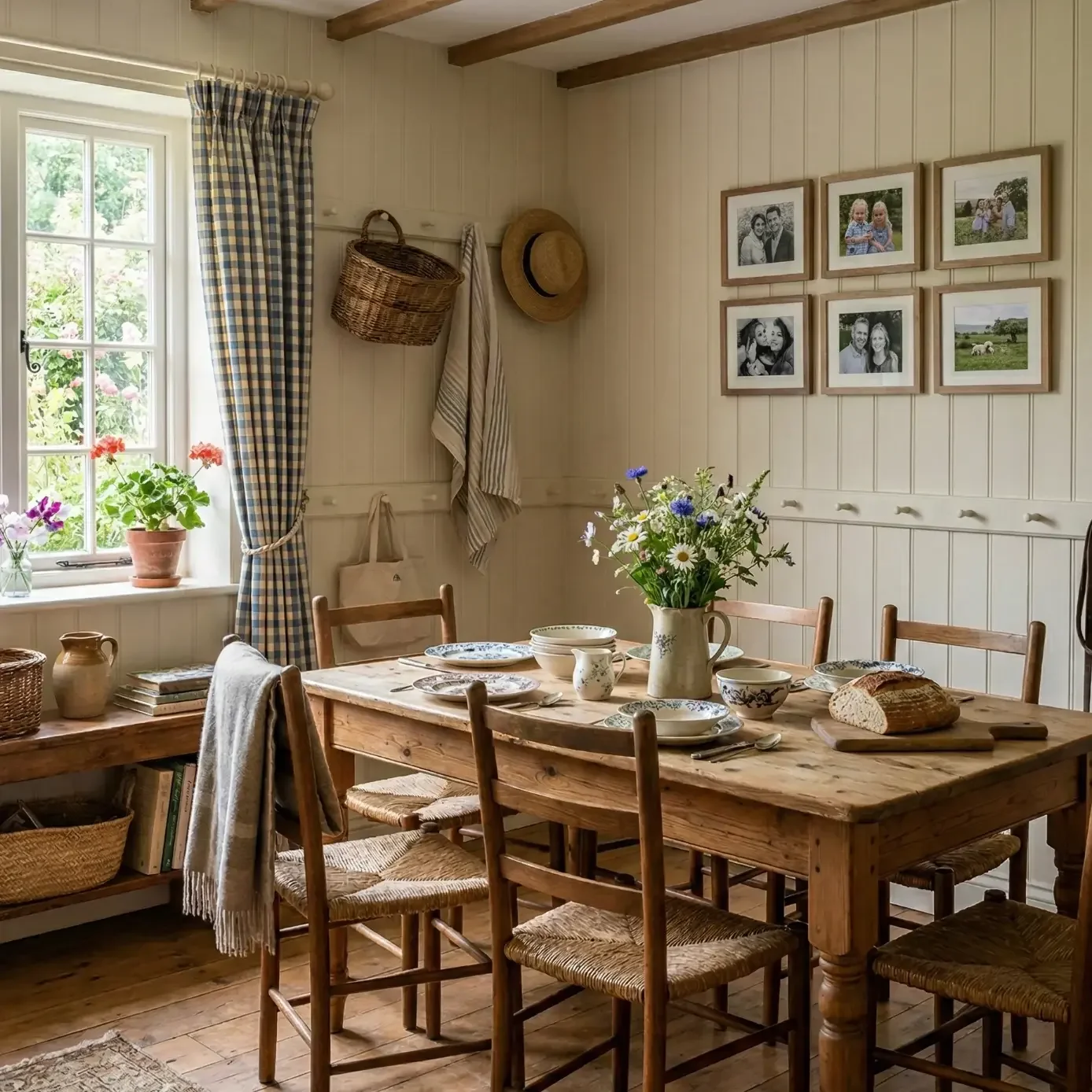 Rustic farmhouse dining room with family photos and wildflowers