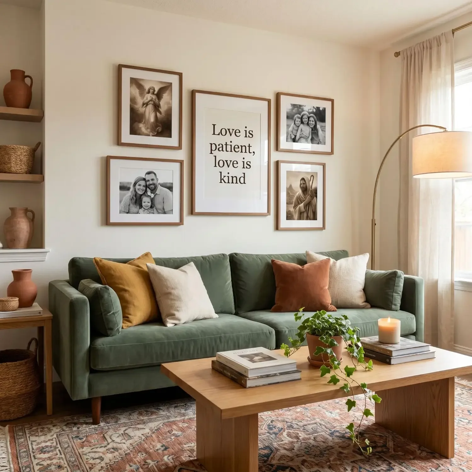 Bible verse gallery wall in a warm living room