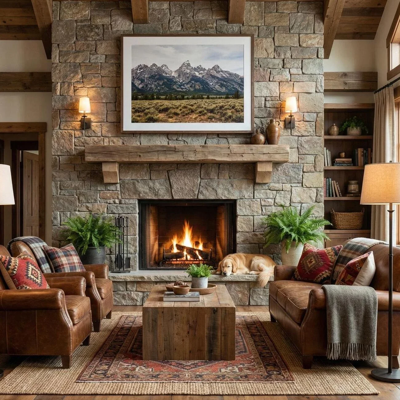 Cozy mountain lodge living room with stone fireplace
