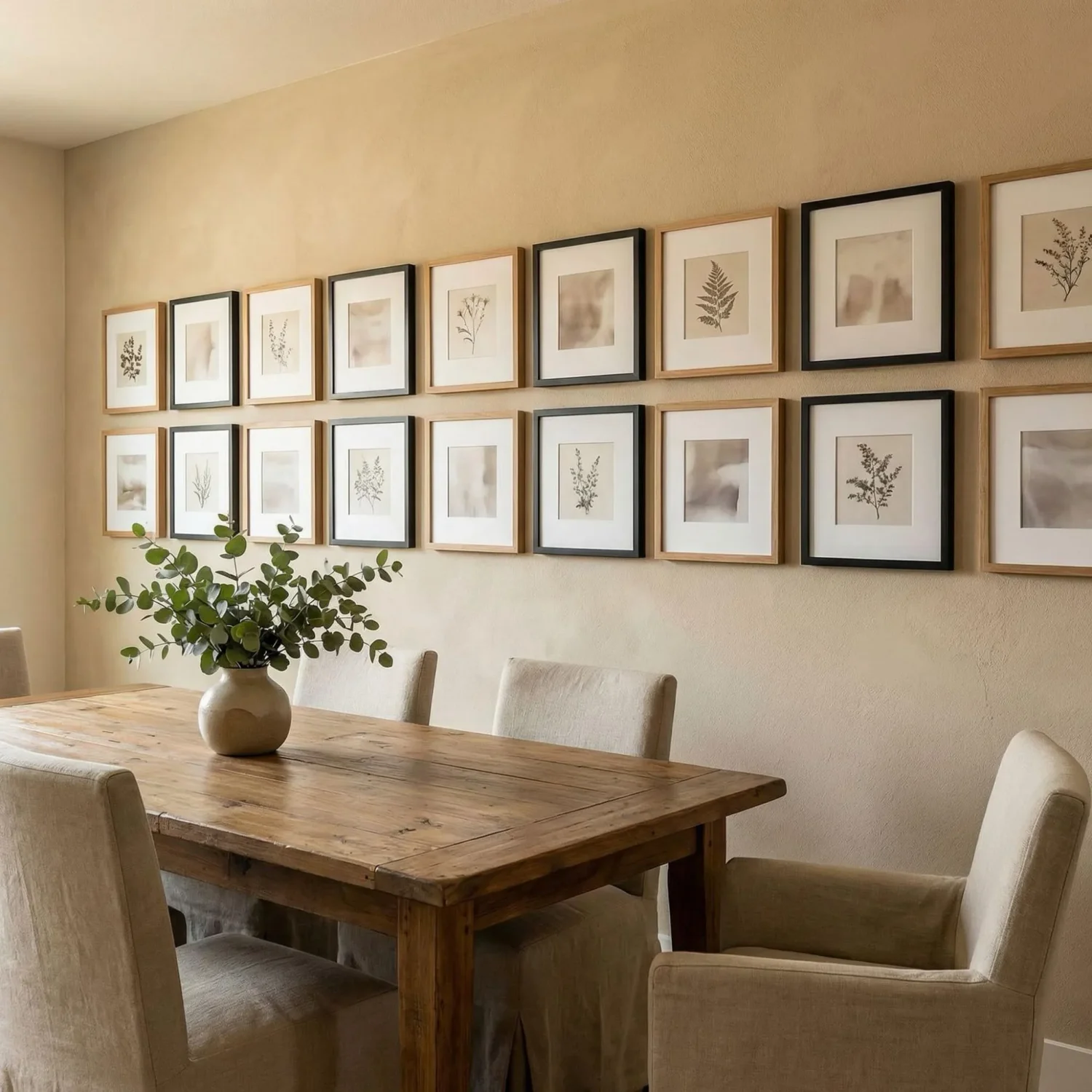 Two-row gallery of framed photos in dining area
