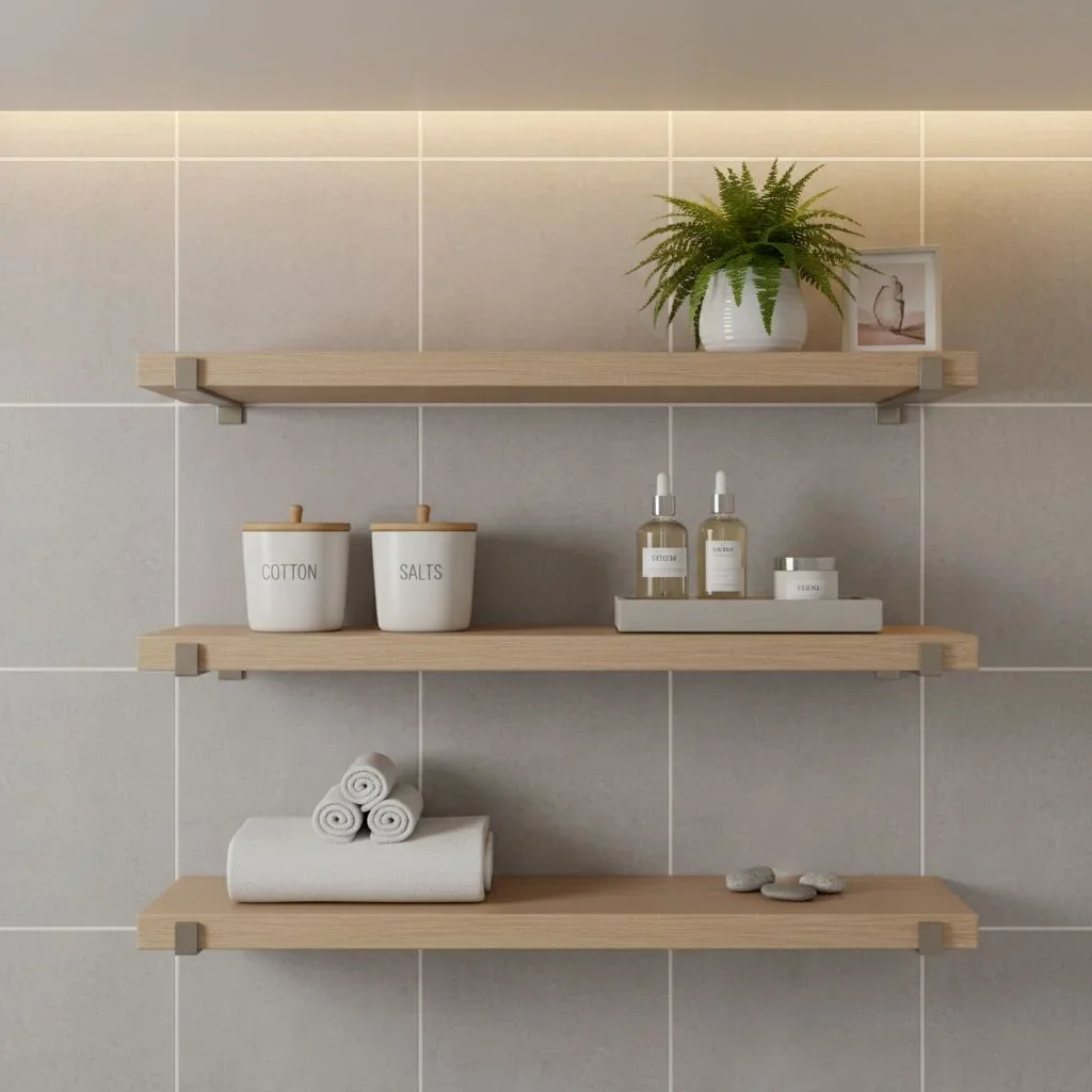 Bathroom shelves with moisture-safe decor and plants
