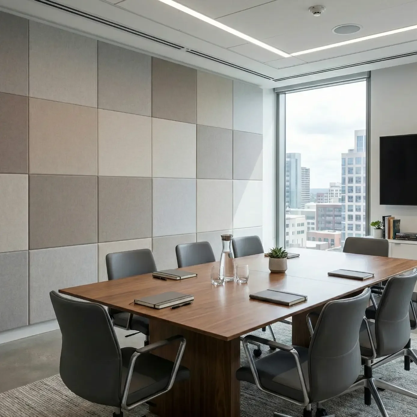 Modern boardroom with wood table, city view, and wall panels