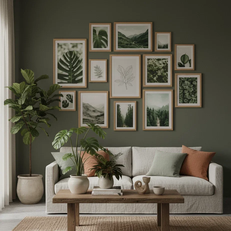 Green gallery wall above sofa with plants and wood table