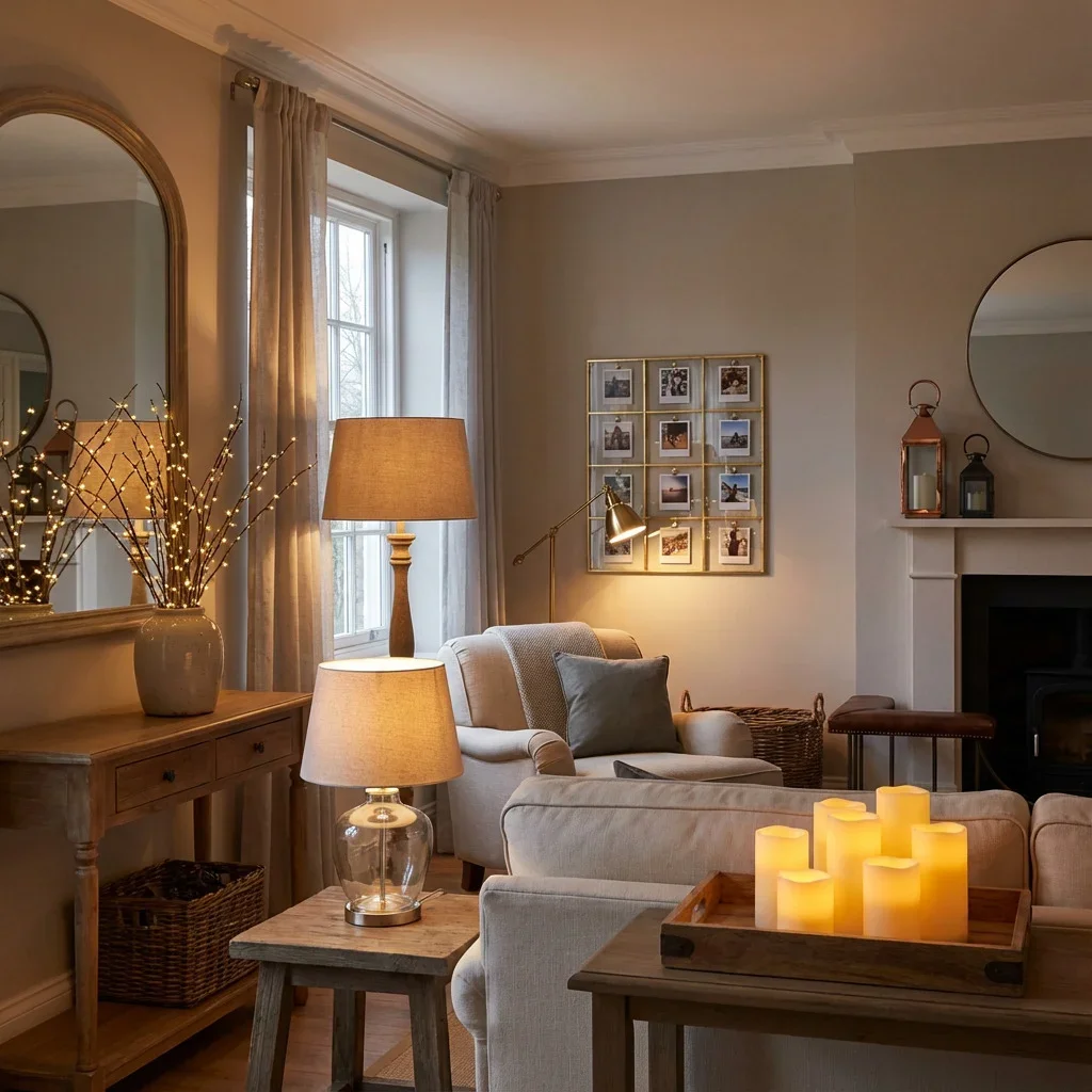 Cozy winter living room with layered warm lighting: soft overhead glow, table lamps at different heights, a small lamp illuminating a wall of photo tiles, flameless candles on a tray, and a mirror reflecting natural light to brighten the space.