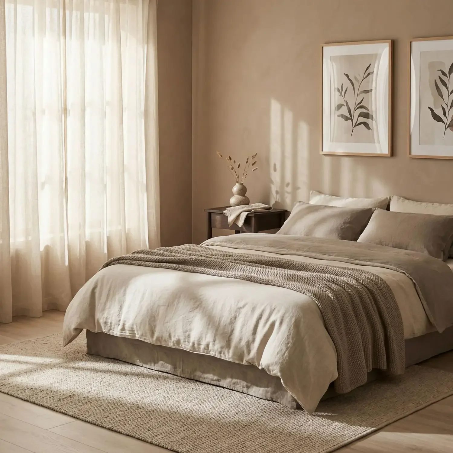 Japandi bedroom neutral palette oatmeal and beige