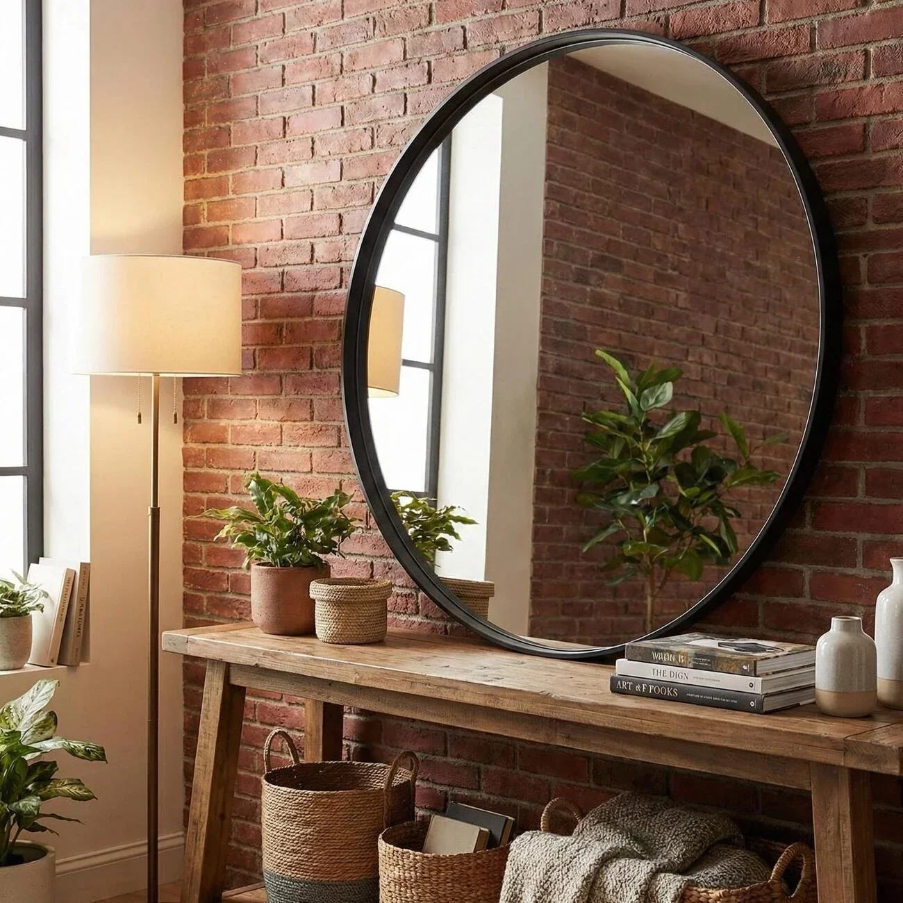Rustic entry table with a large round mirror and plants
