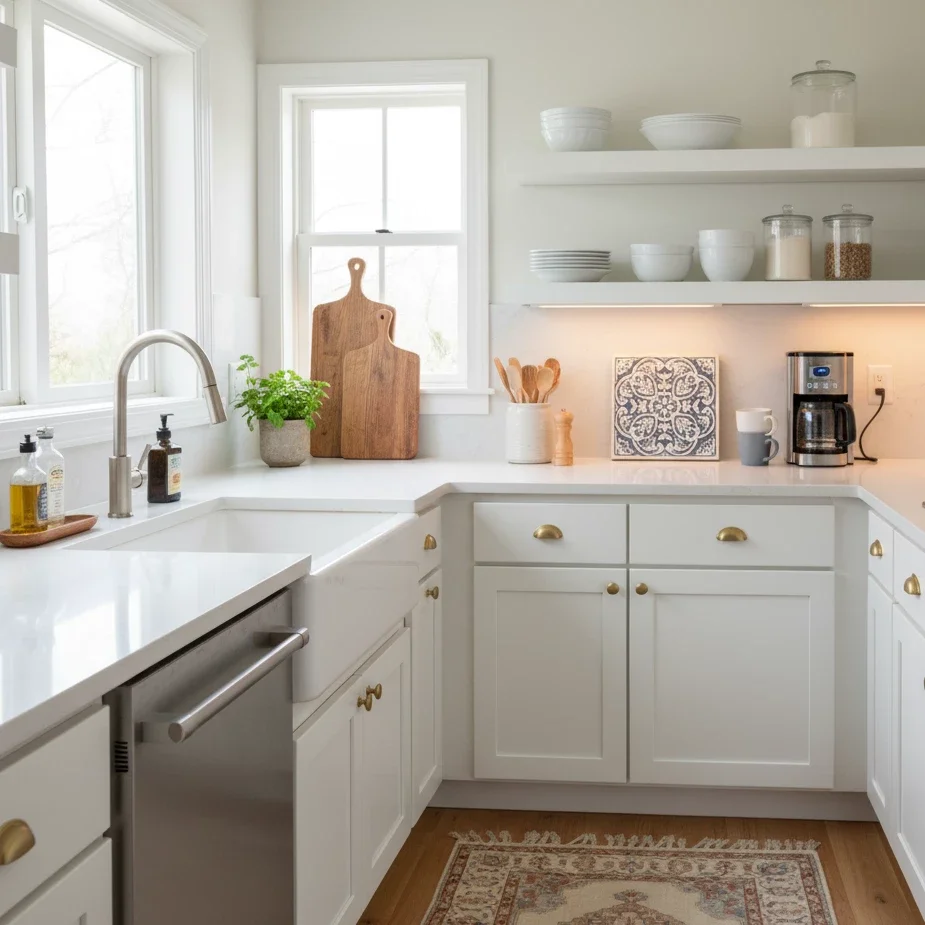 Bright white kitchen with farmhouse sink and open shelves