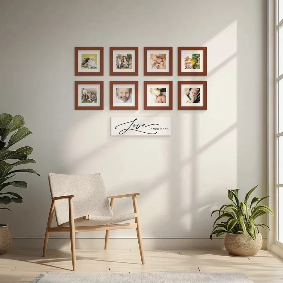Bright room with family photo grid and ‘Love lives here’ sign