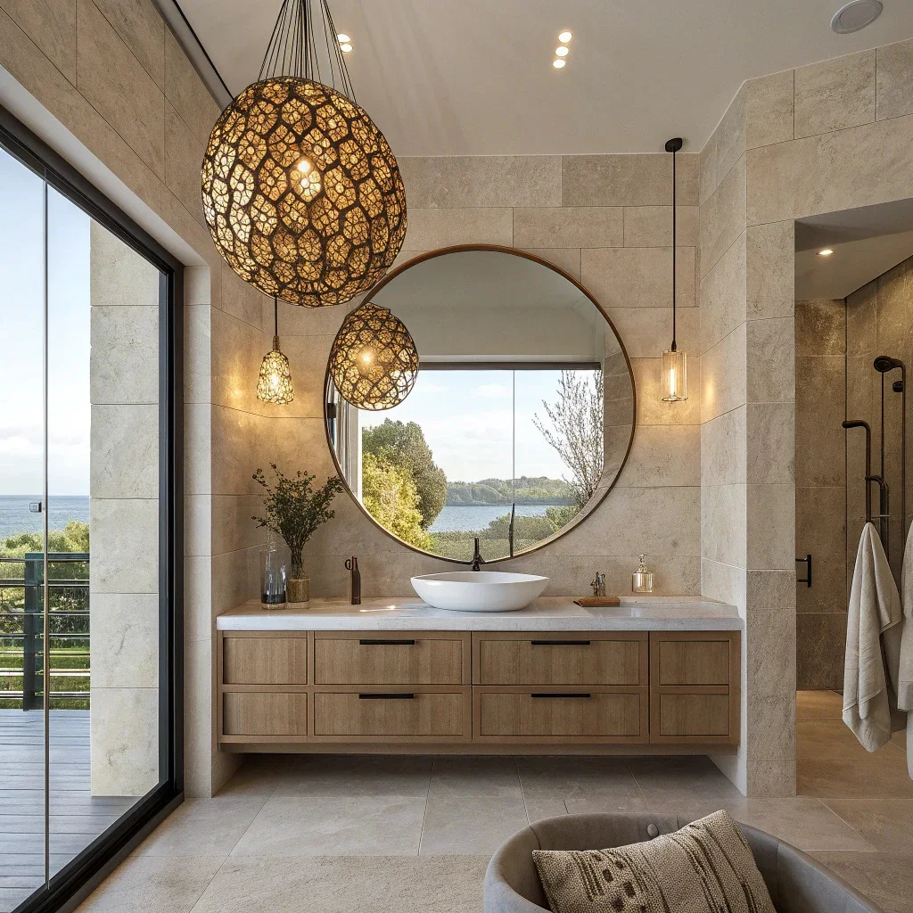 Bathroom with large oval mirror and statement pendant lights.