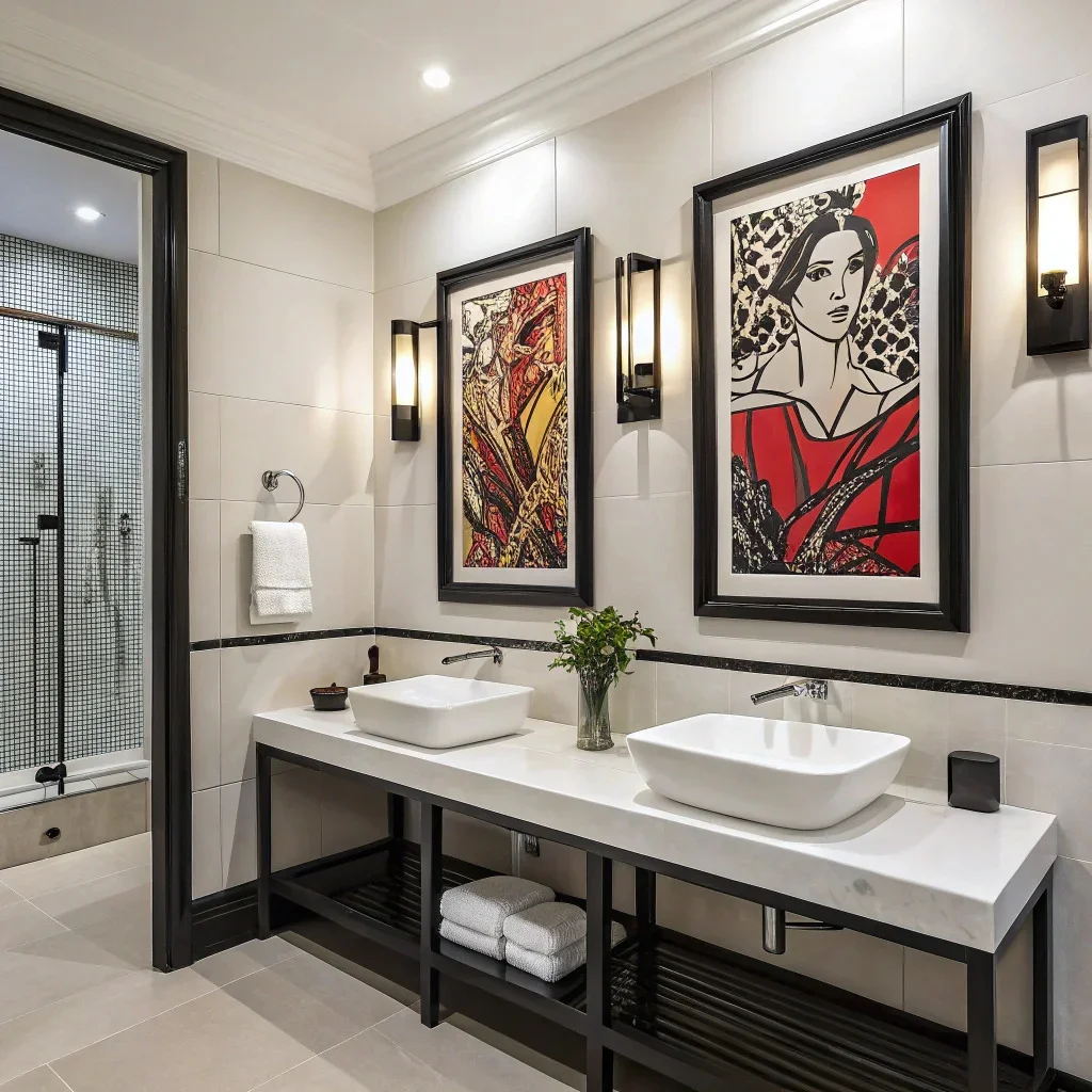 Modern bathroom with graphic abstract art in a single pop color, black frames, and minimal streamlined sconces.
