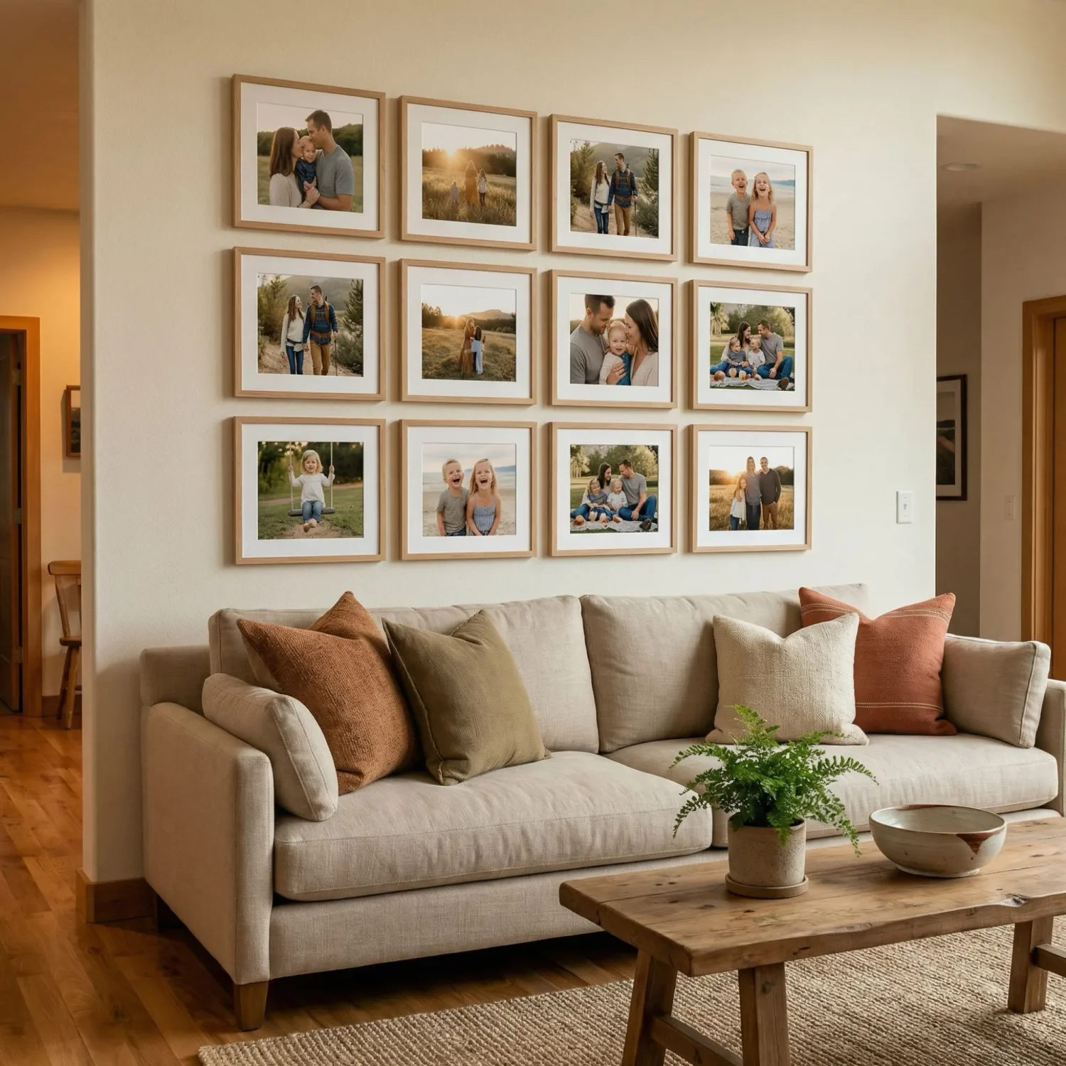 Large 4x3 framed photo grid on living room wall