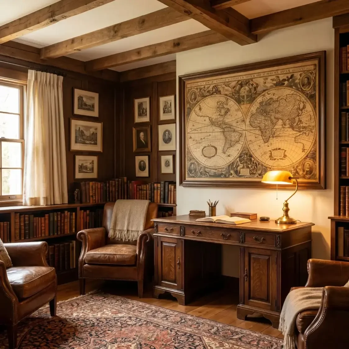 Antique world map wall art in a cozy study