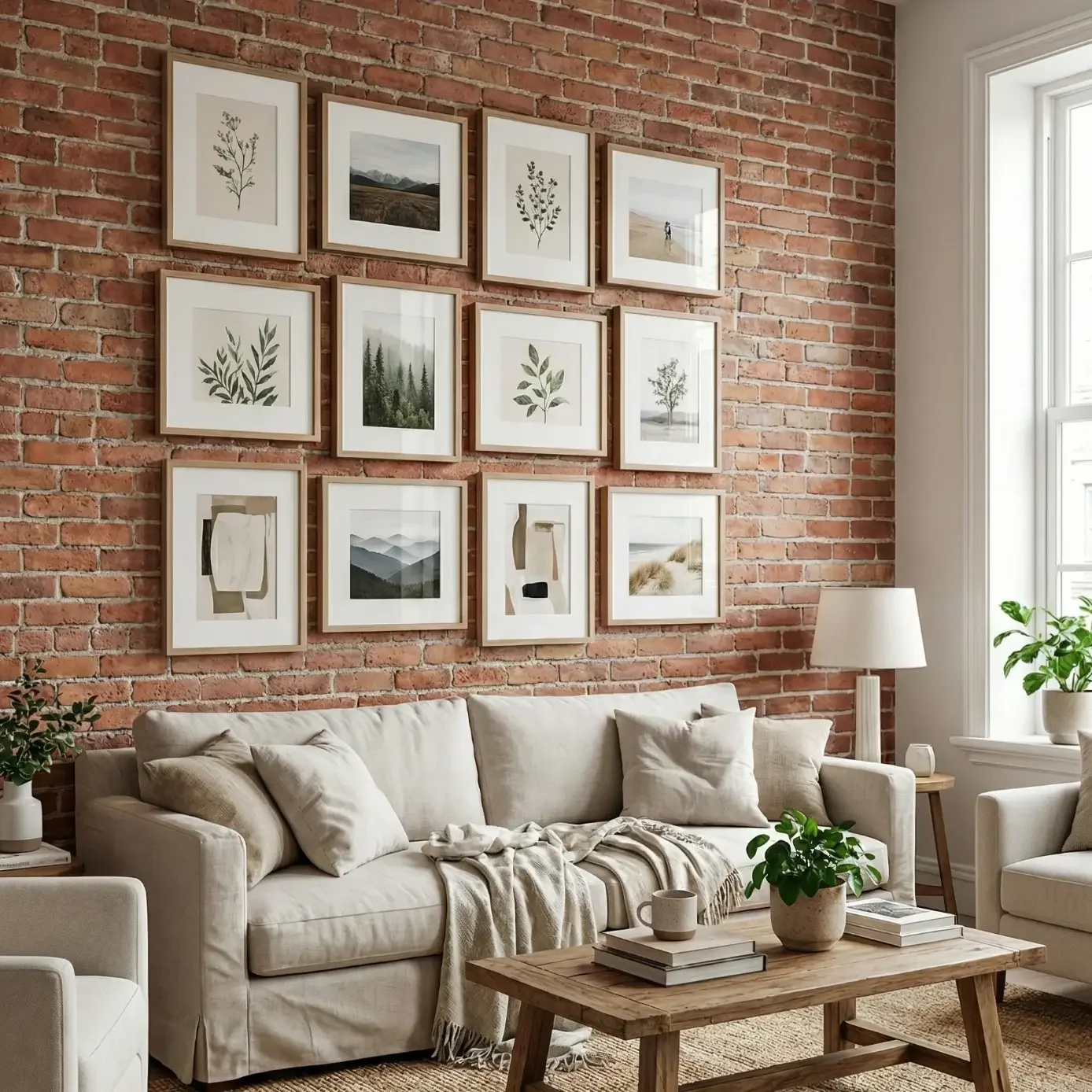 Cozy Scandinavian loft living room with an exposed brick wall and a clean gallery grid