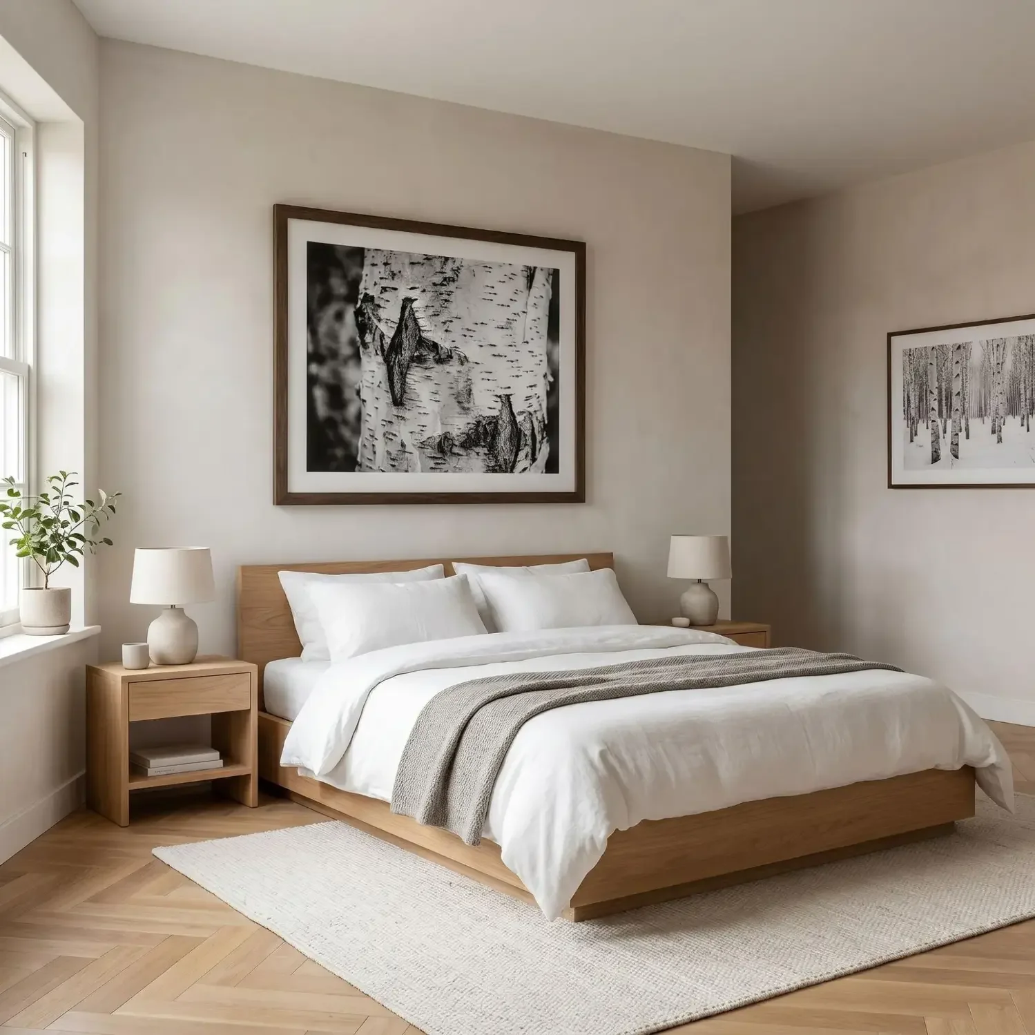 Black and white birch art in Scandinavian bedroom