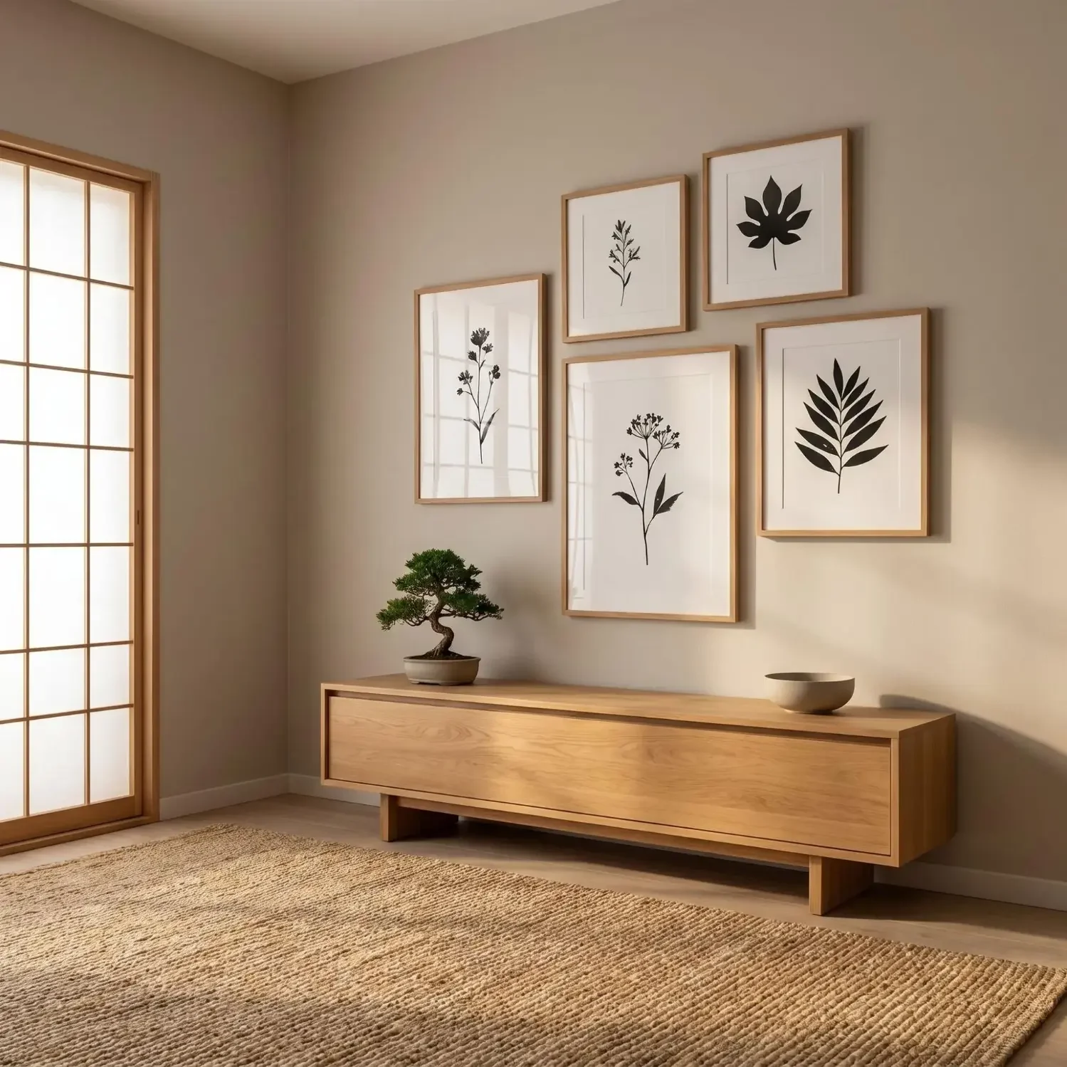 Minimalist botanical art framed in Japandi living room