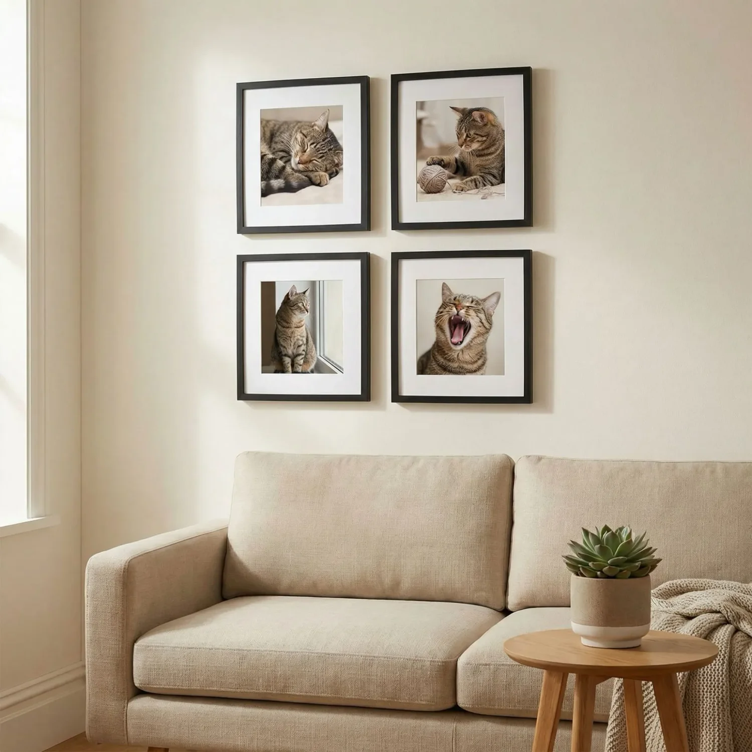 2x2 framed cat photos grid in minimalist apartment