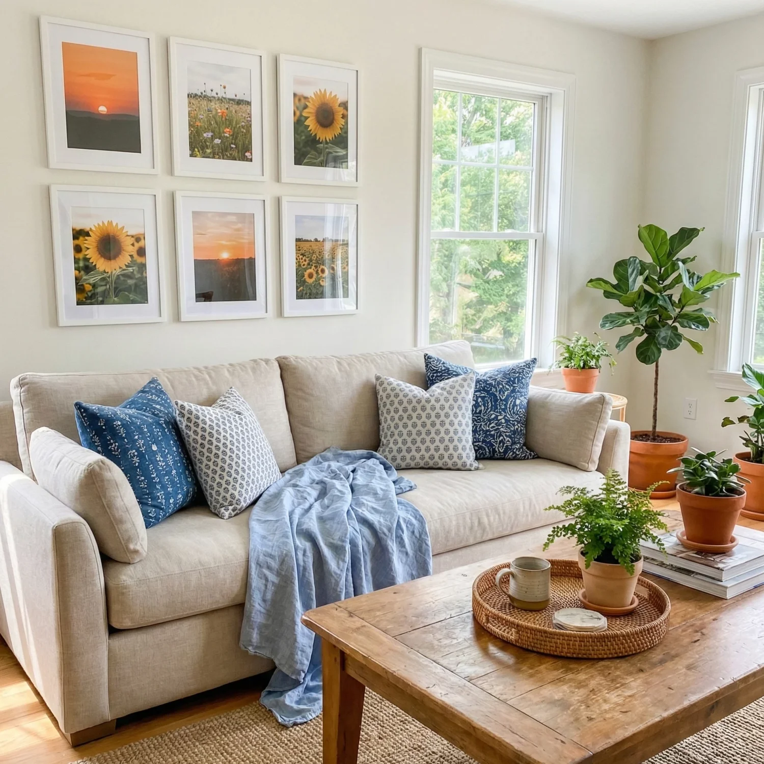 Cozy sofa styled with blue pillows and framed floral photos