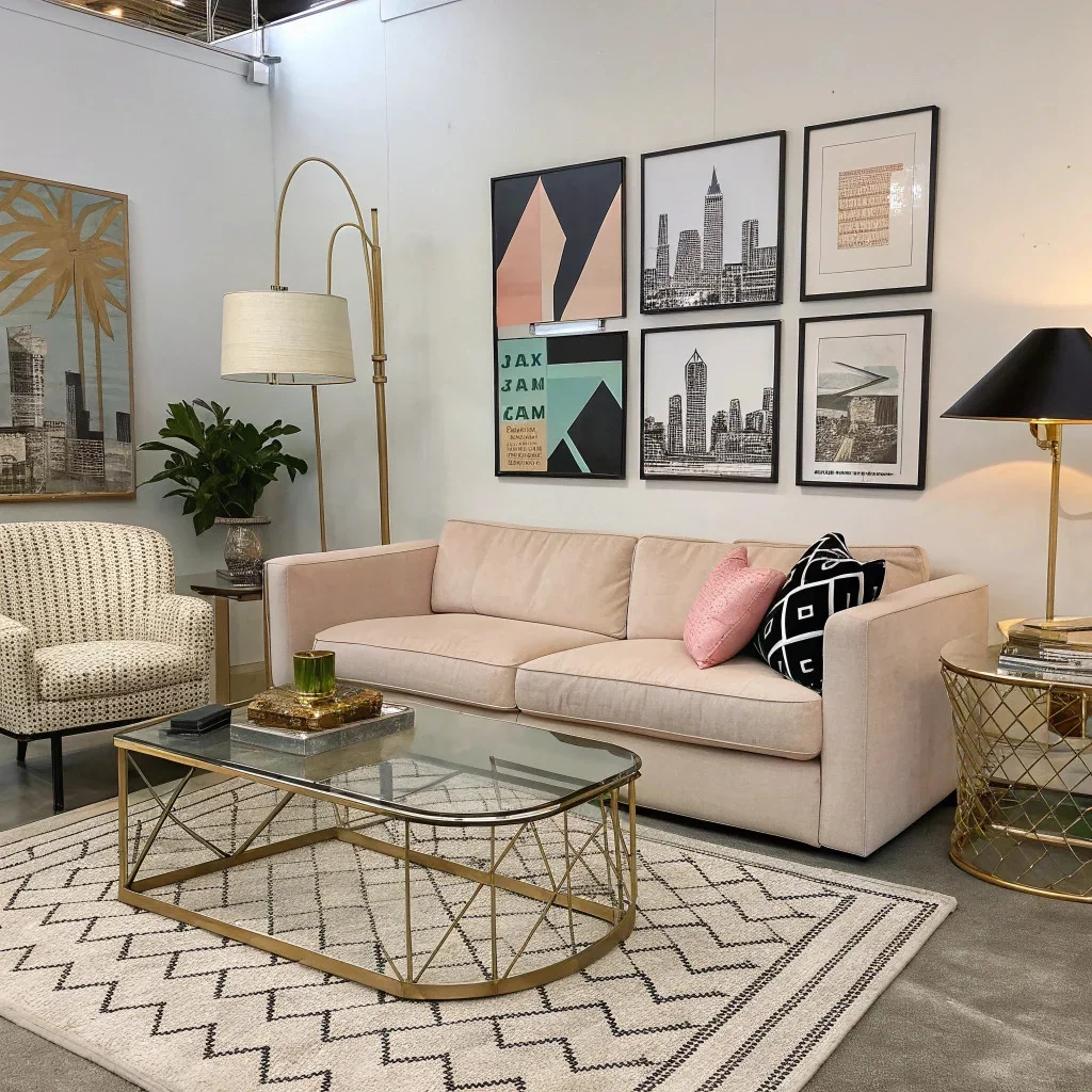 A pastel or neutral living room with a chrome-and-glass coffee table, Memphis-style geometric wall art, neon-tinted city photography, a bold black-and-white print, a brass floor lamp, and a rattan accent chair.