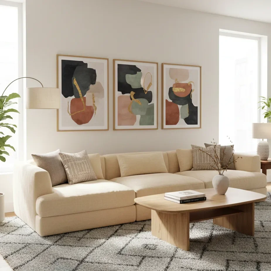 Bright living room with beige sectional and abstract art