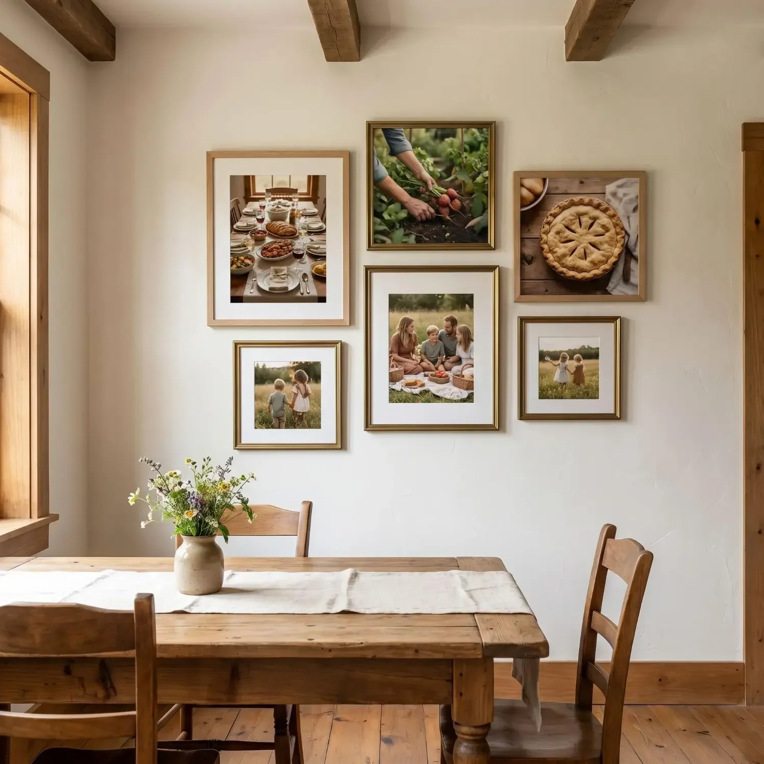 Family photo gallery wall in cozy farmhouse home