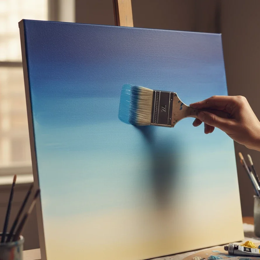 painting blue gradient on canvas with wide brush