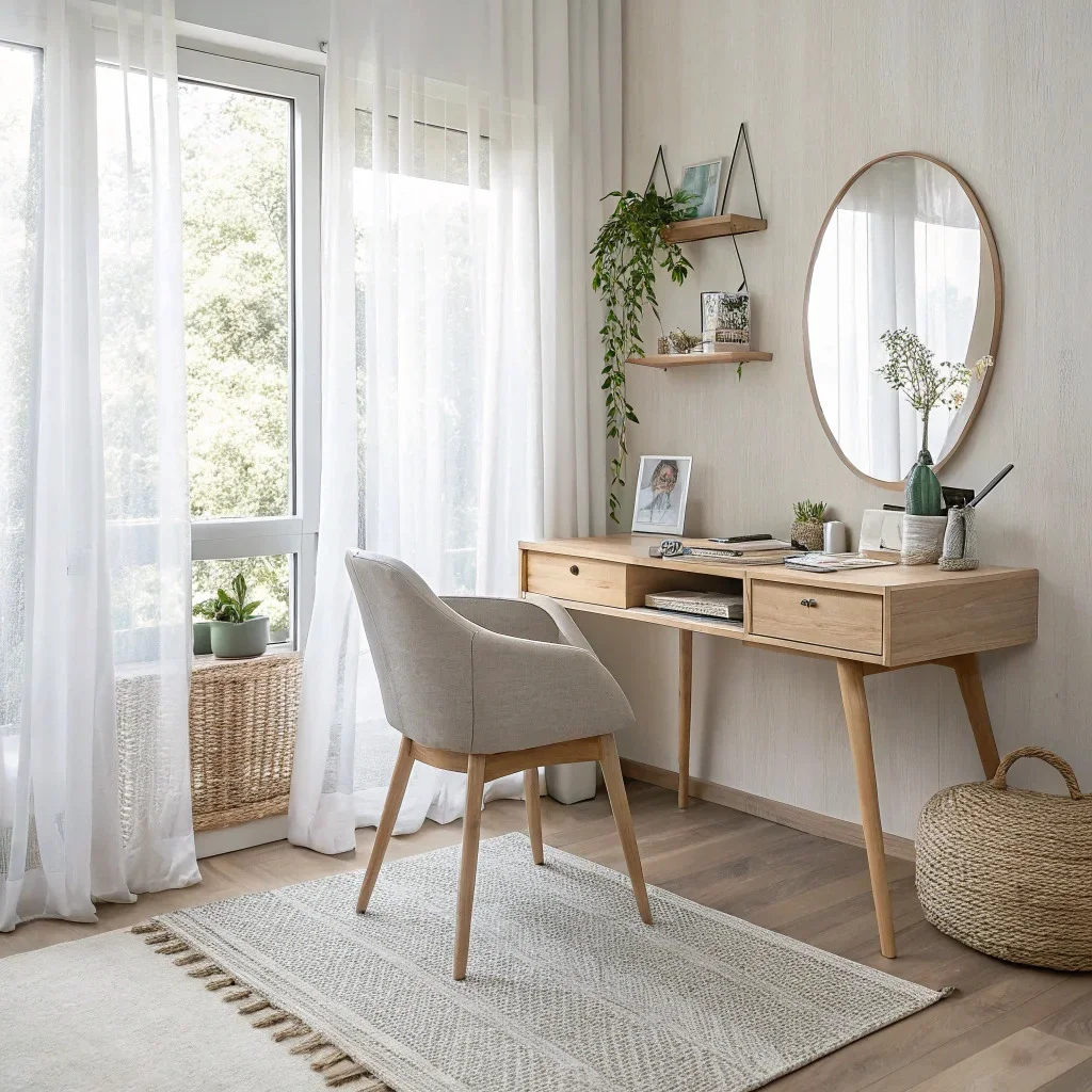 Airy small office with pale wood furniture, light fabrics, slim legs, sheer curtains, a compact rug, and a mirror adding depth and brightness.