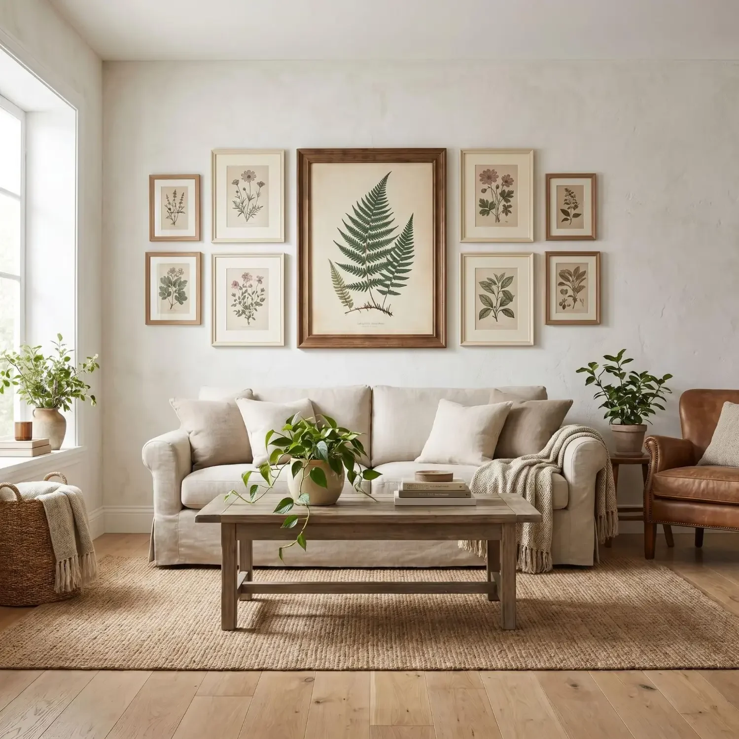 Vintage botanical gallery wall in living room