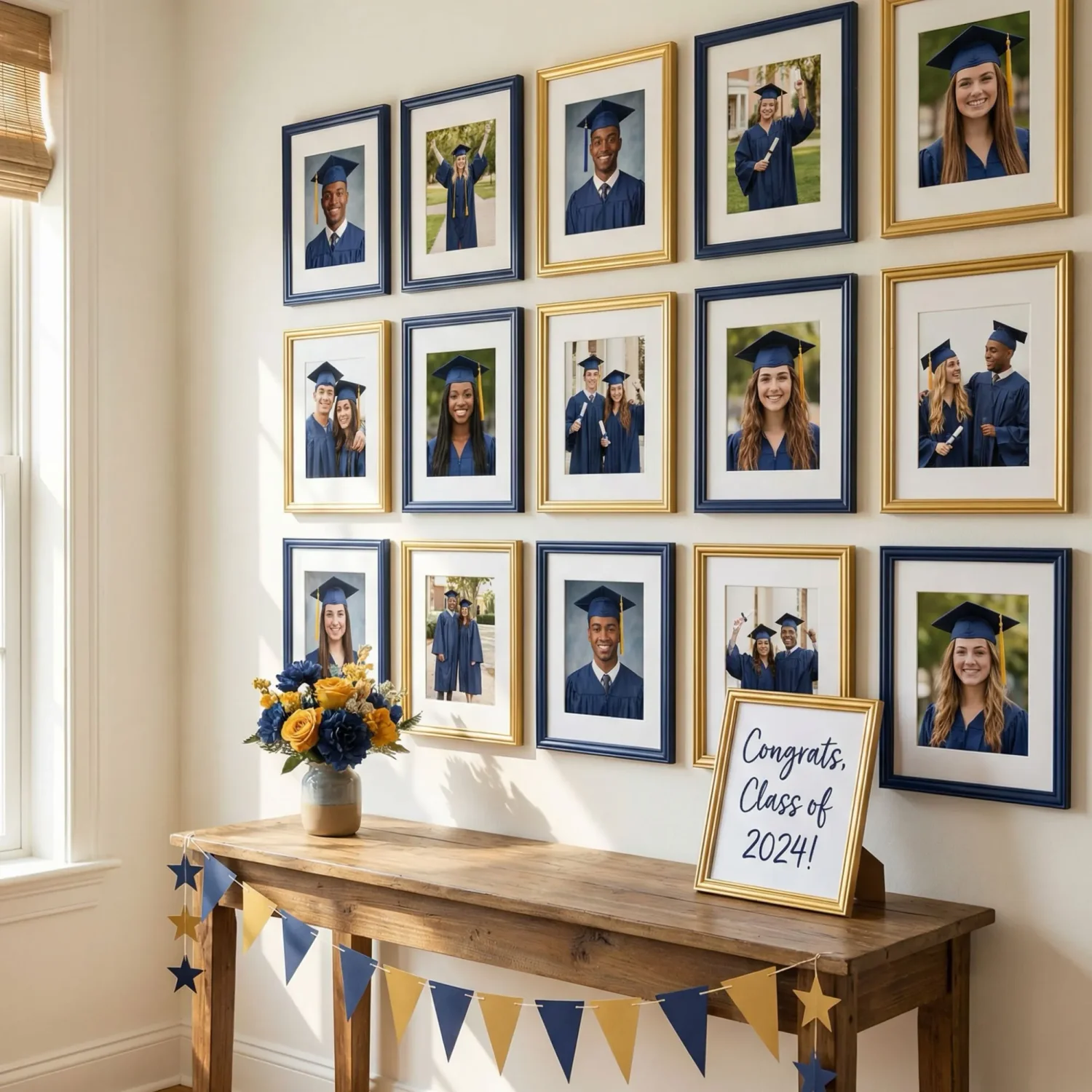 Graduation photo wall with school colors decor