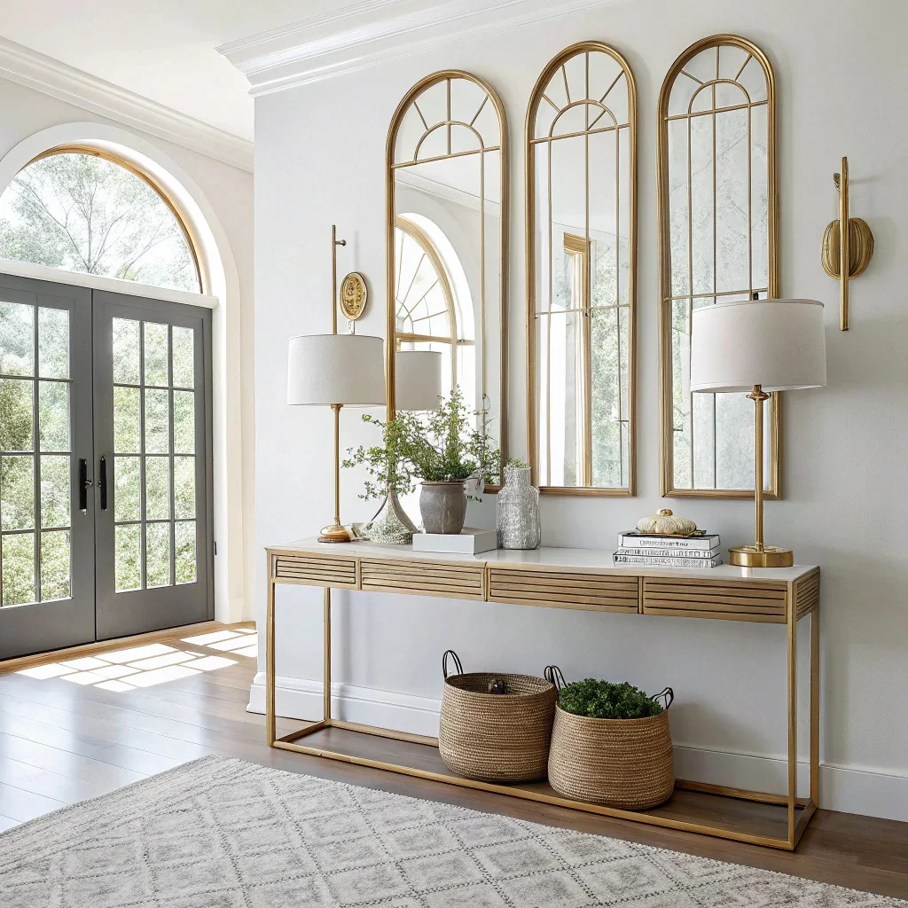 Entryway mirror wall with narrow arched mirrors and a console table.