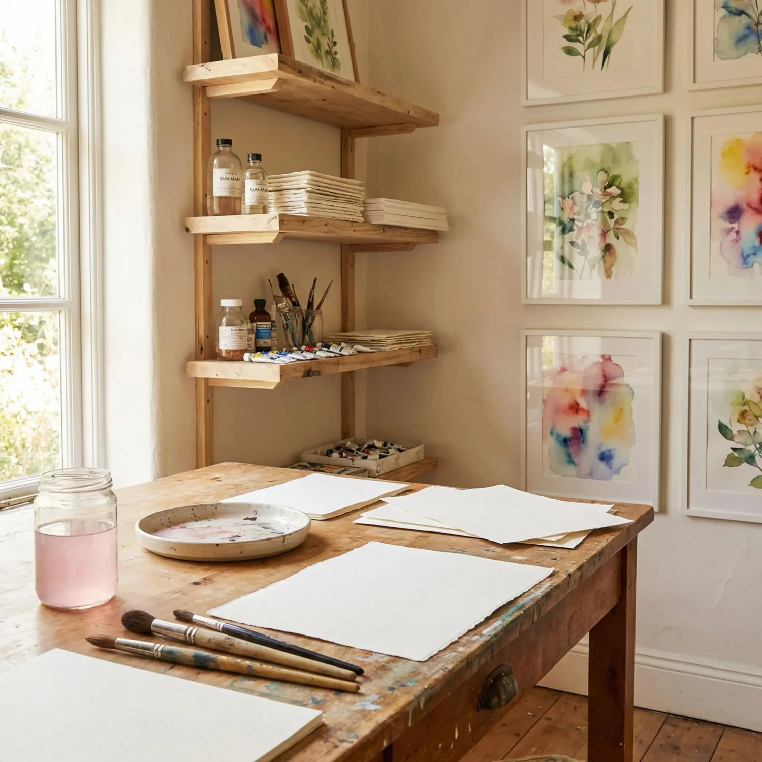 Watercolor paints and framed paintings in art studio