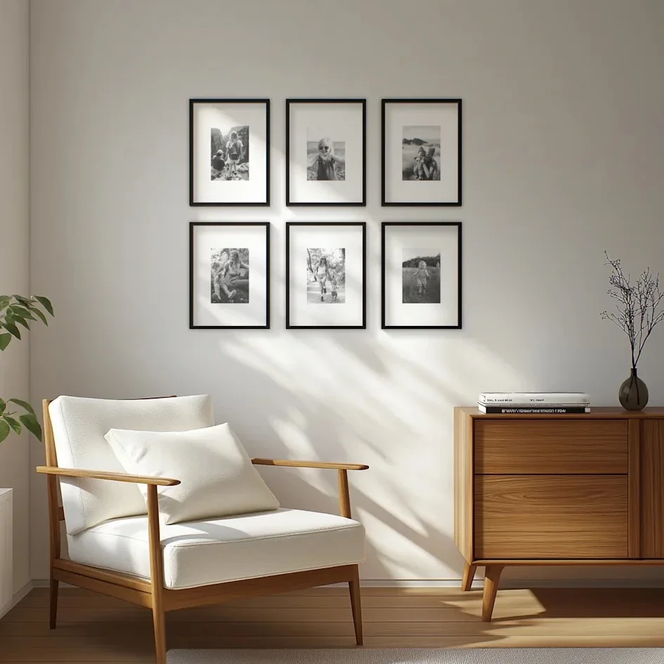 Minimal reading nook with six black-and-white framed photos