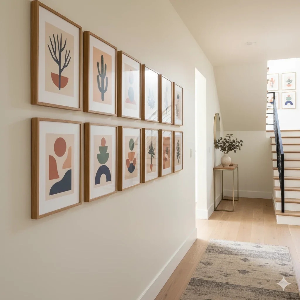light hallway with minimalist prints in wood frames