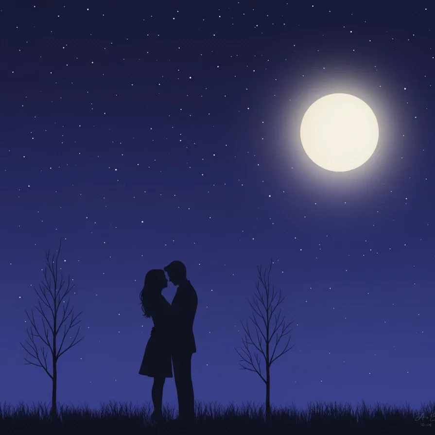 silhouetted couple kisses under bright full moon
