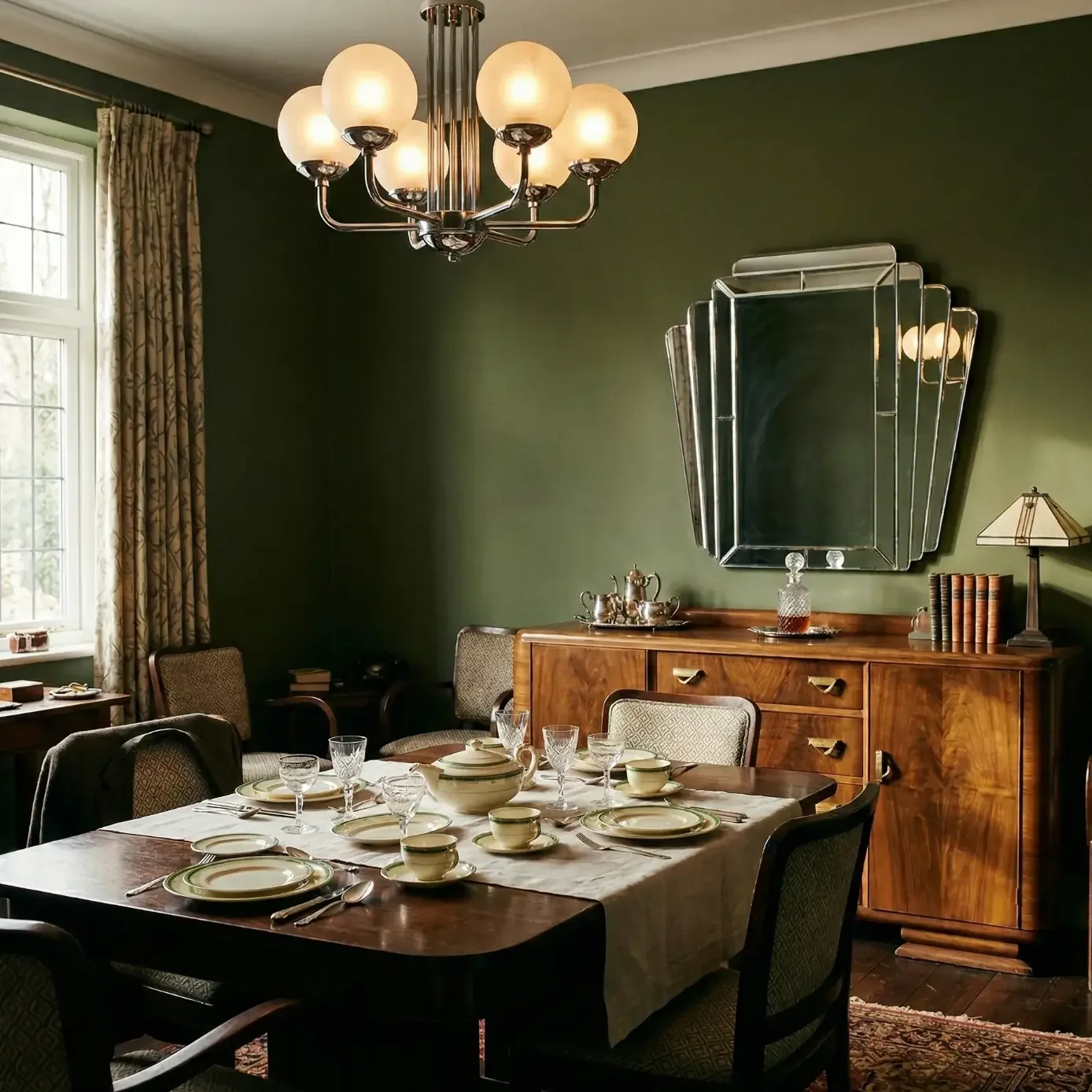 Vintage dining room with green walls, chandelier, and sideboard