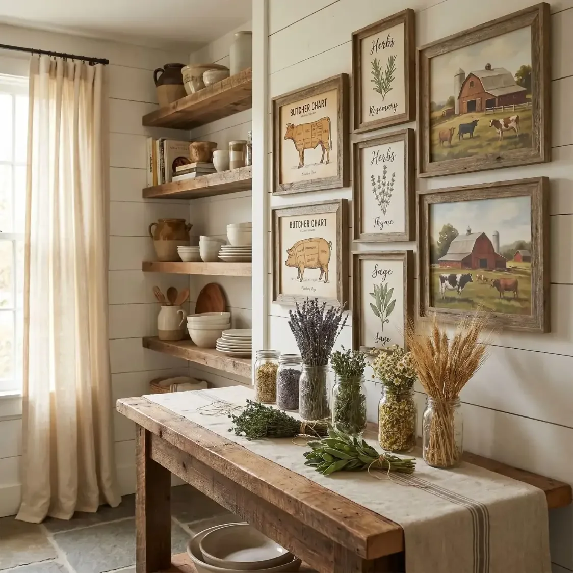 Rustic farmhouse art prints on shiplap kitchen wall