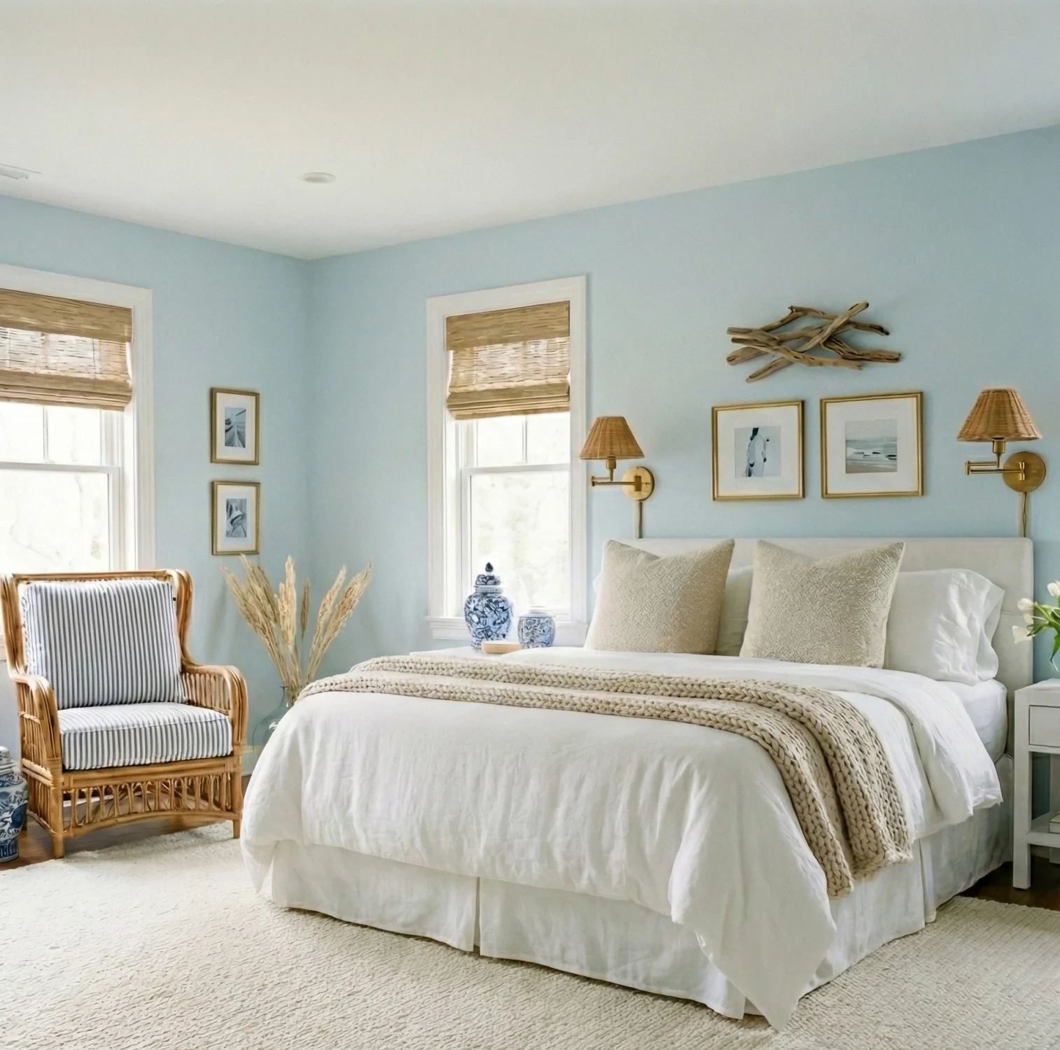 Light beach-style room with white bedding and natural textures