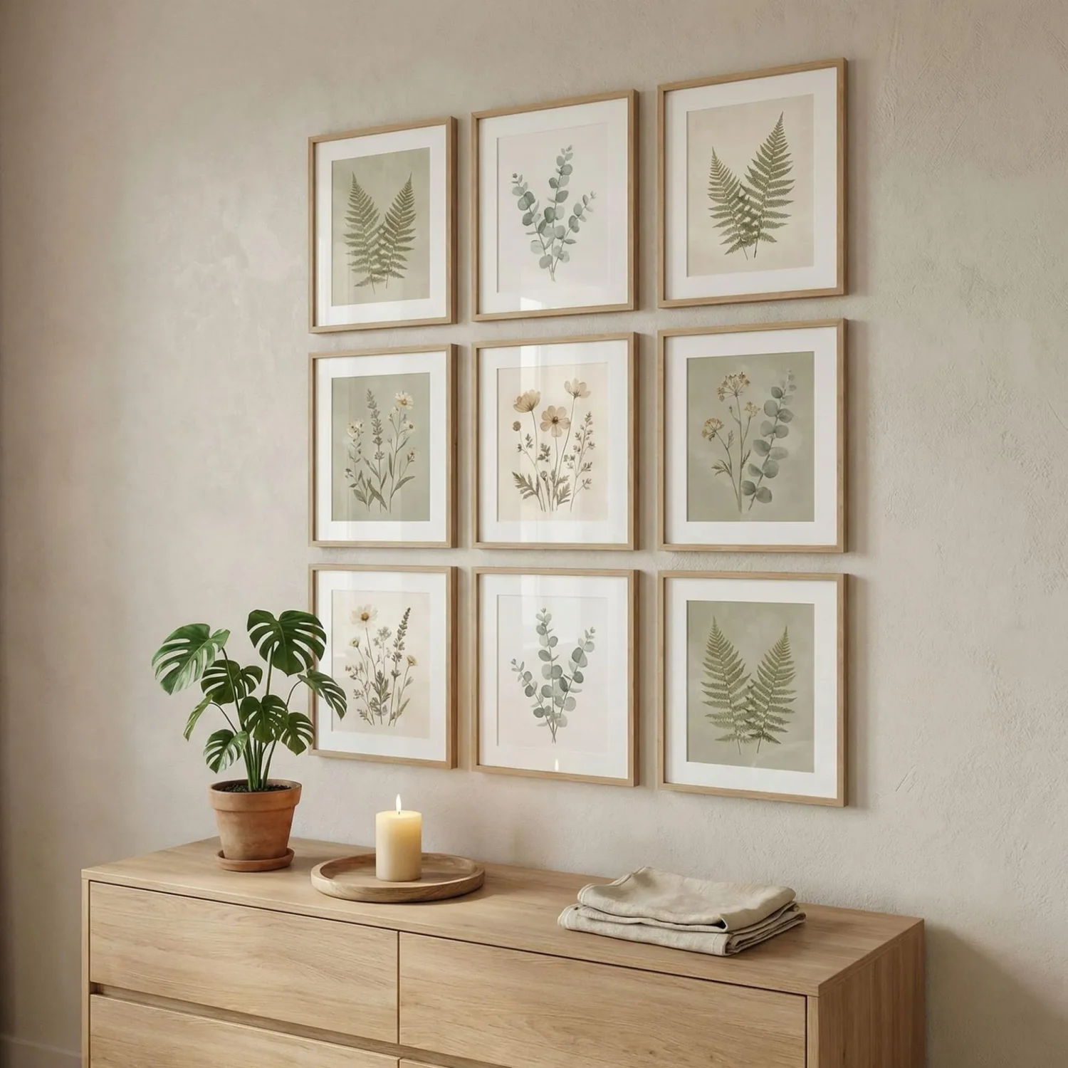 3x3 grid botanical framed pictures Scandinavian bedroom