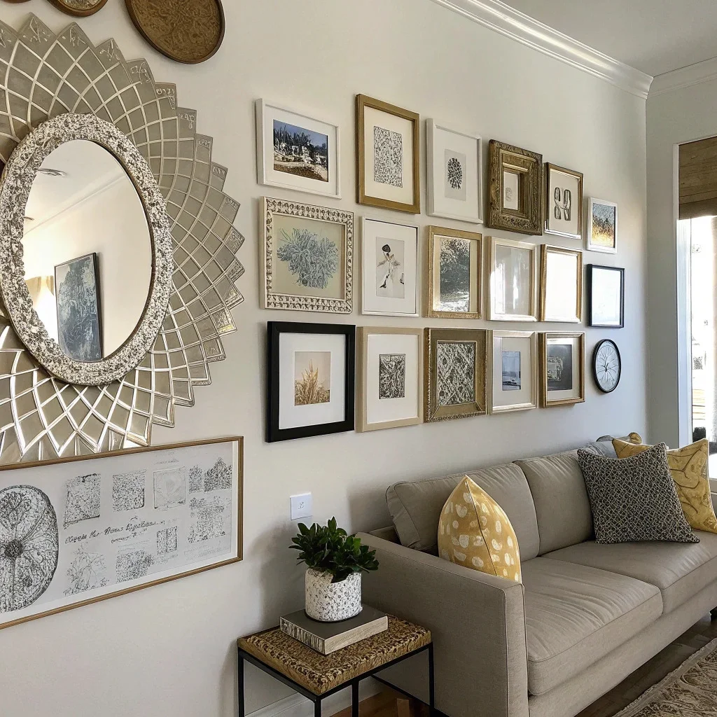 Eclectic gallery wall with mirrors, photo tiles, and framed sketches.