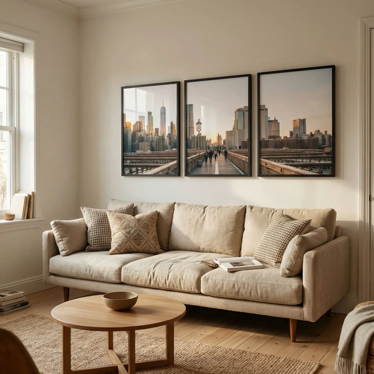 Triptych framed photos above sofa in living room