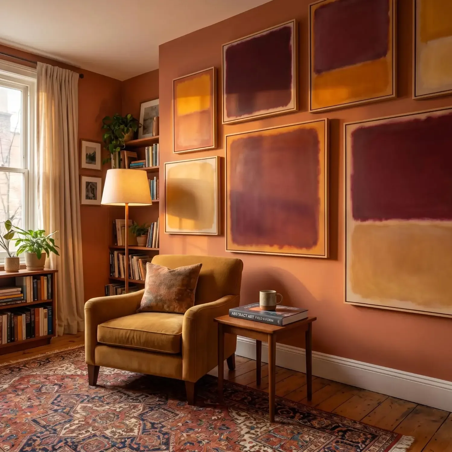 Color field framed pictures in a warm reading nook